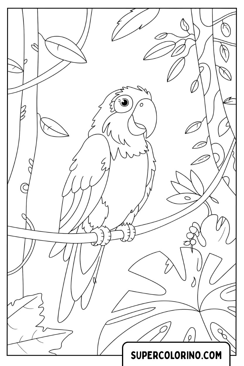 Coloriage d'un perroquet dans la jungle