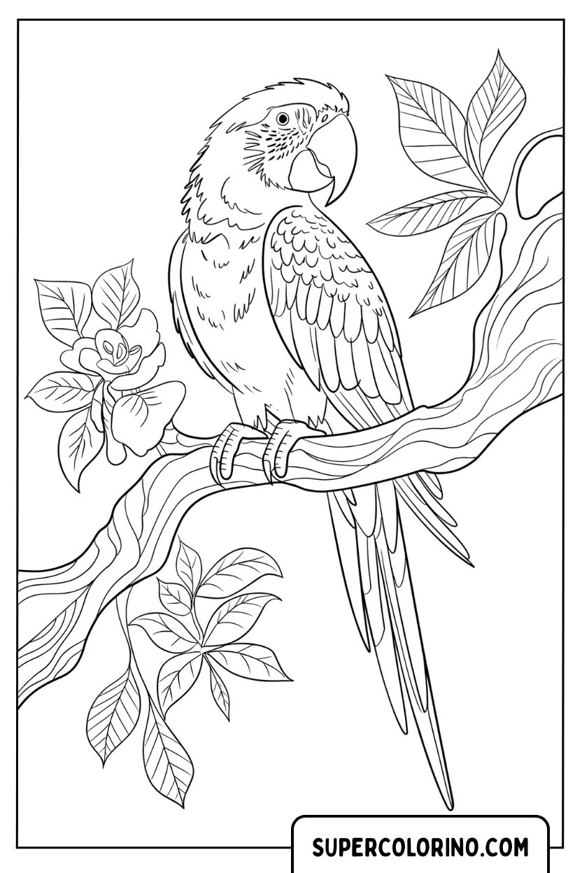 Coloriage d'un perroquet sur une branche fleurie