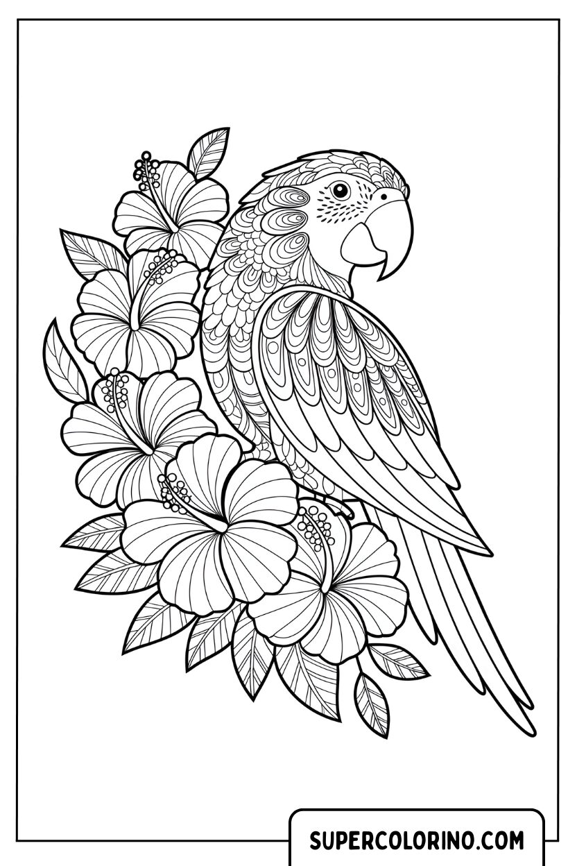 Coloriage d'un perroquet parmi les fleurs d'hibiscus