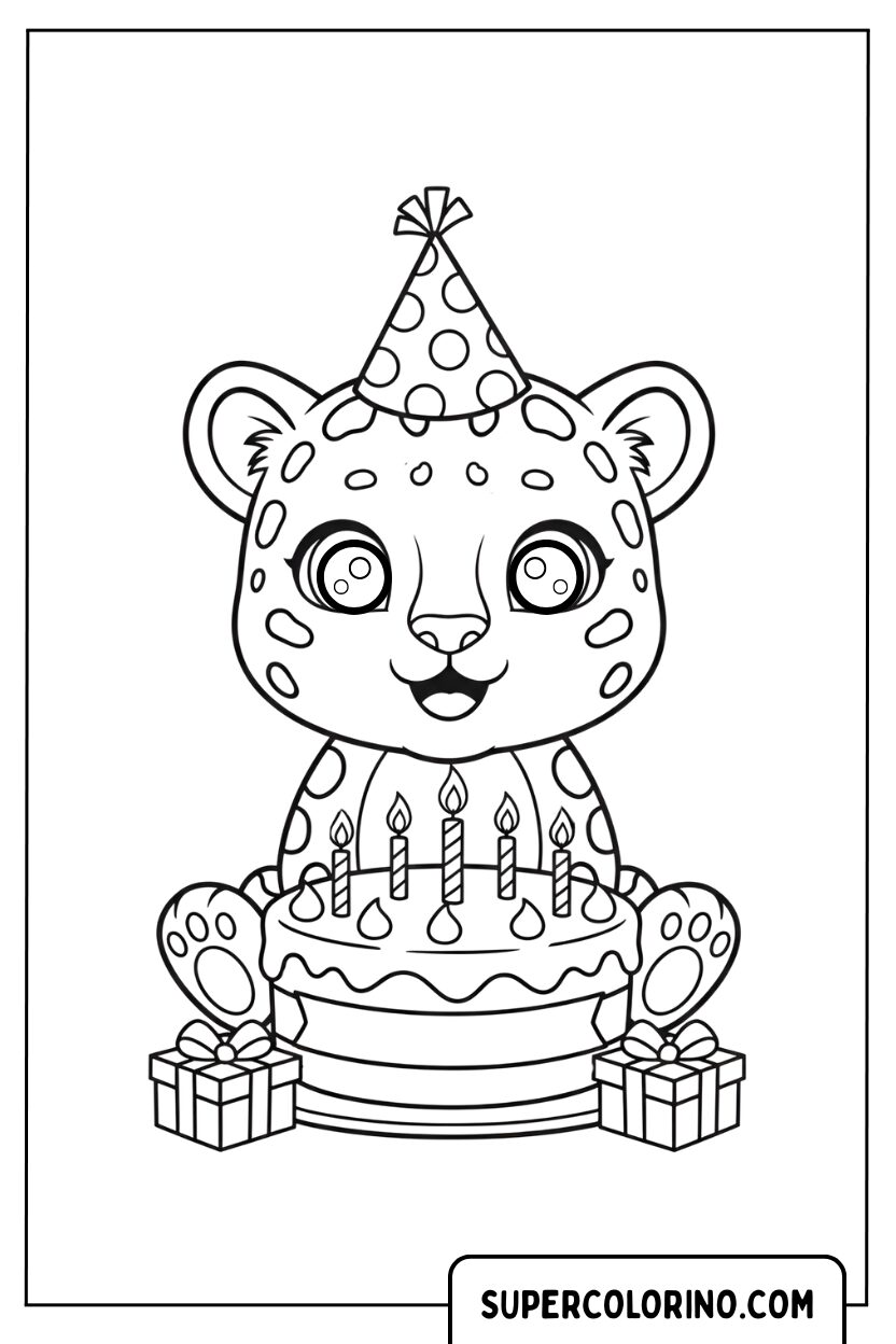 Coloriage d'un petit guépard avec un gâteau d'anniversaire