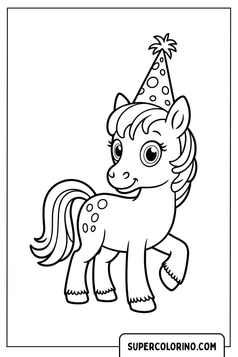 Malvorlage eines Ponys mit Partyhut