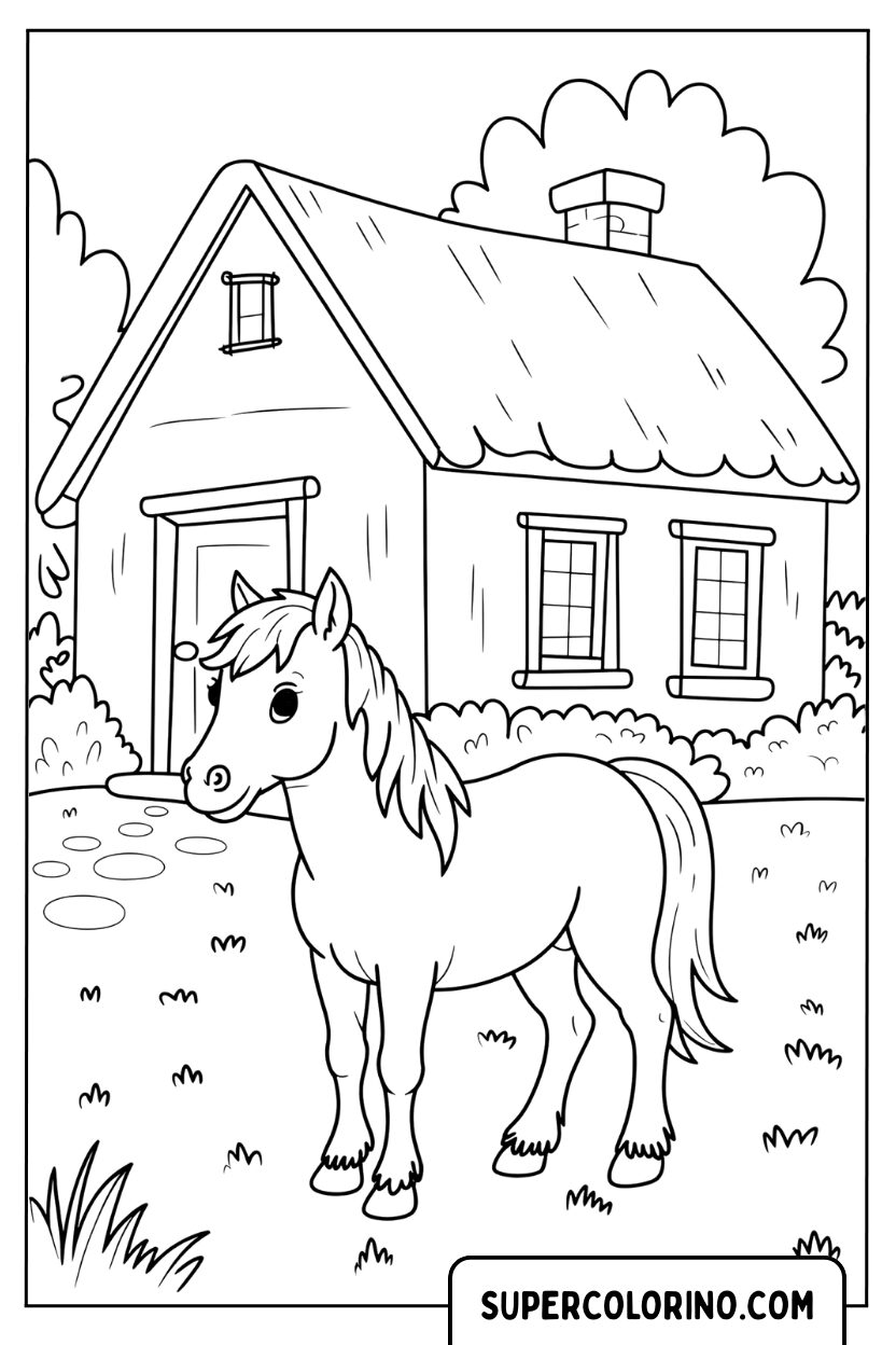 Malvorlage eines Ponys vor dem Haus