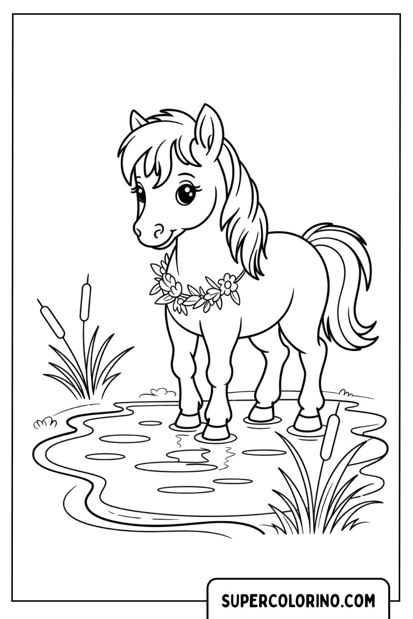 Malvorlage eines Ponys im Teich