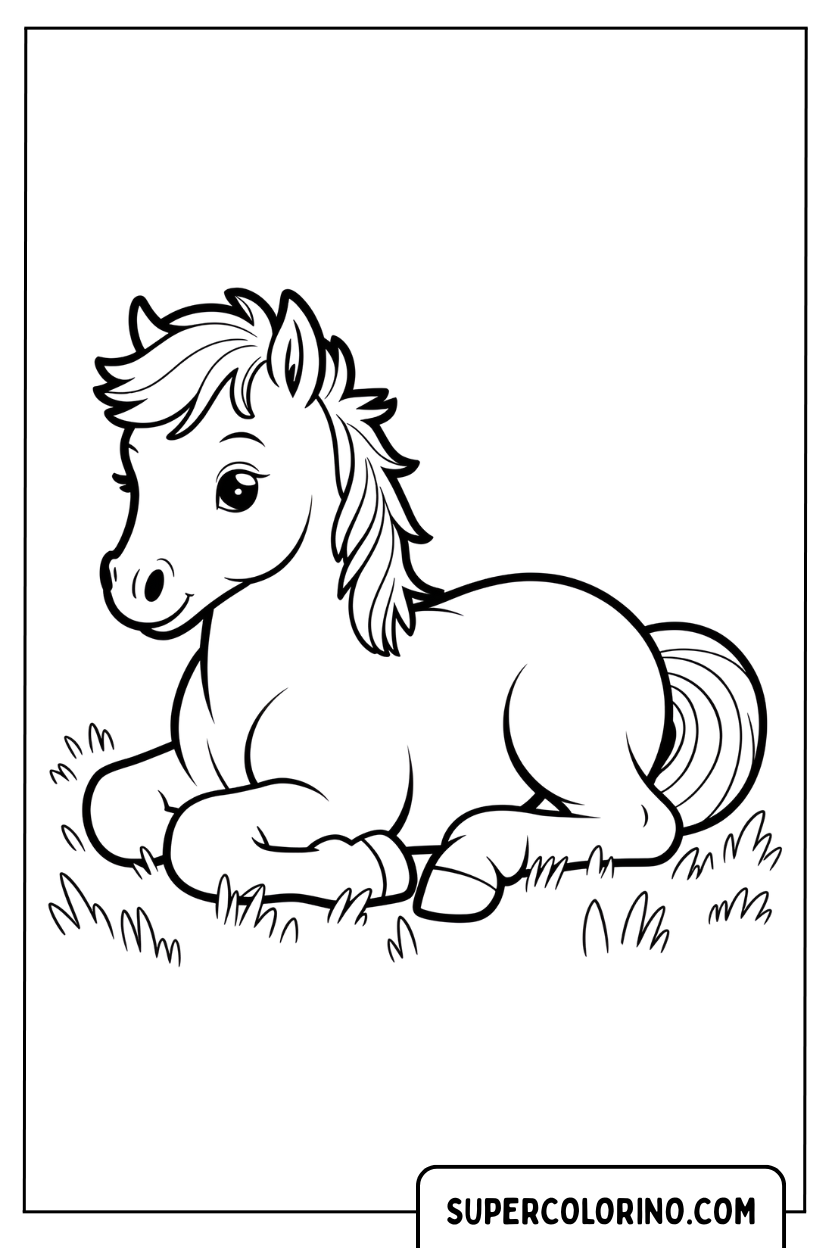 Malvorlage eines Ponys, das auf dem Gras liegt