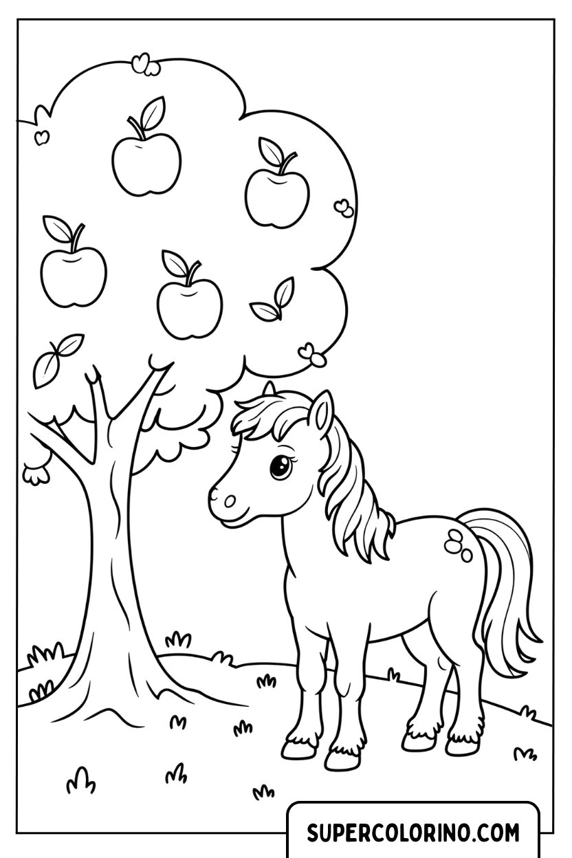 Malvorlage eines Ponys unter dem Apfelbaum