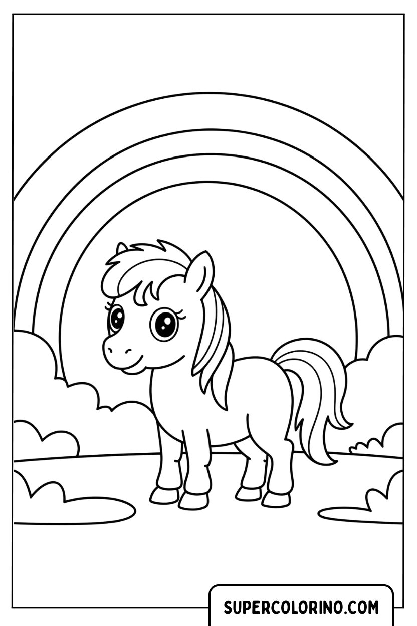 Malvorlage eines Ponys unter dem Regenbogen
