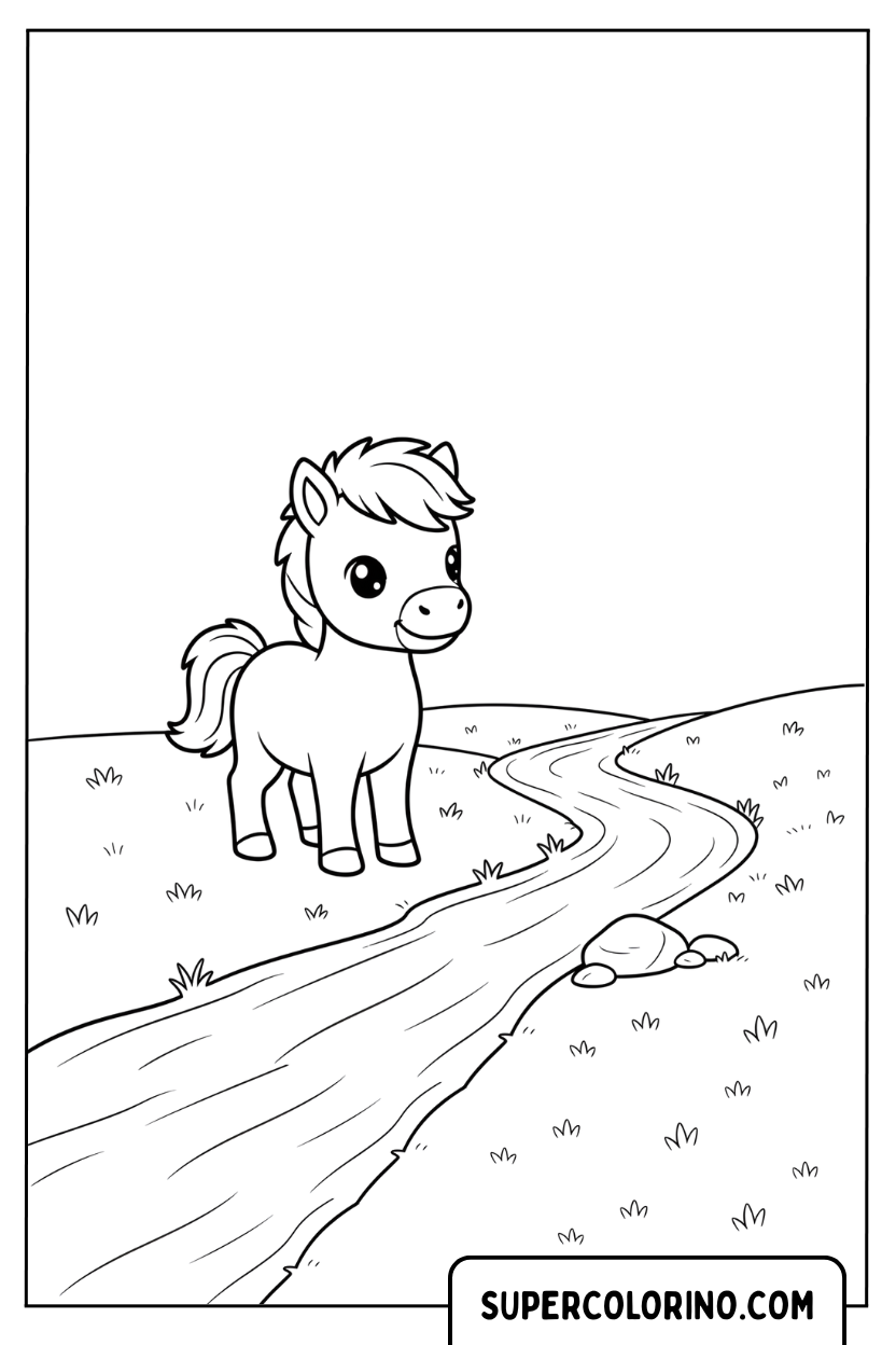 Malvorlage eines Ponys in der Nähe des Baches