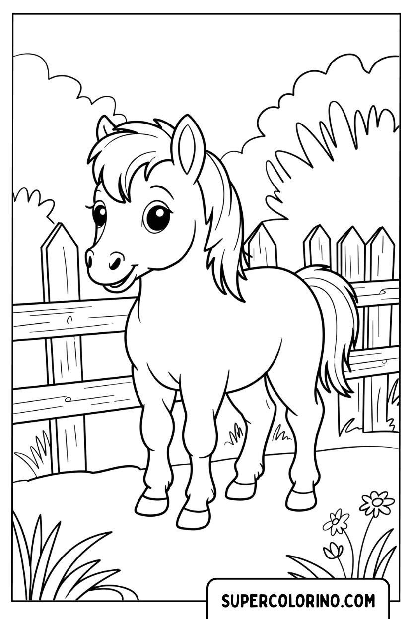 Malvorlage eines Ponys am Zaun
