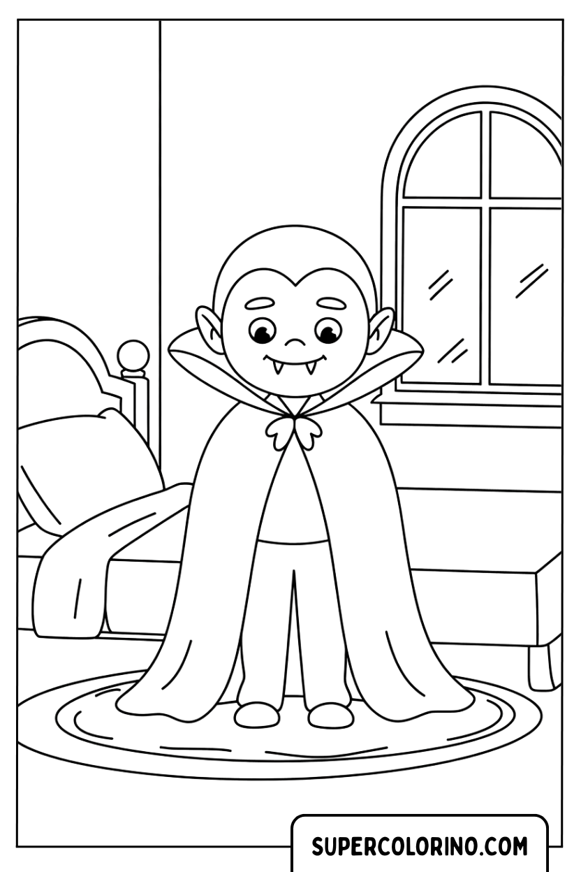 Malvorlage eines Vampirs, der in seinem Zimmer aufwacht