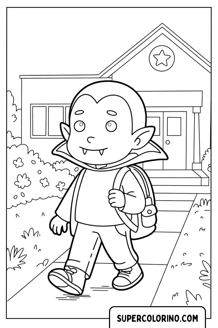 Malvorlage eines Vampirs, der mit einem Rucksack zur Schule geht