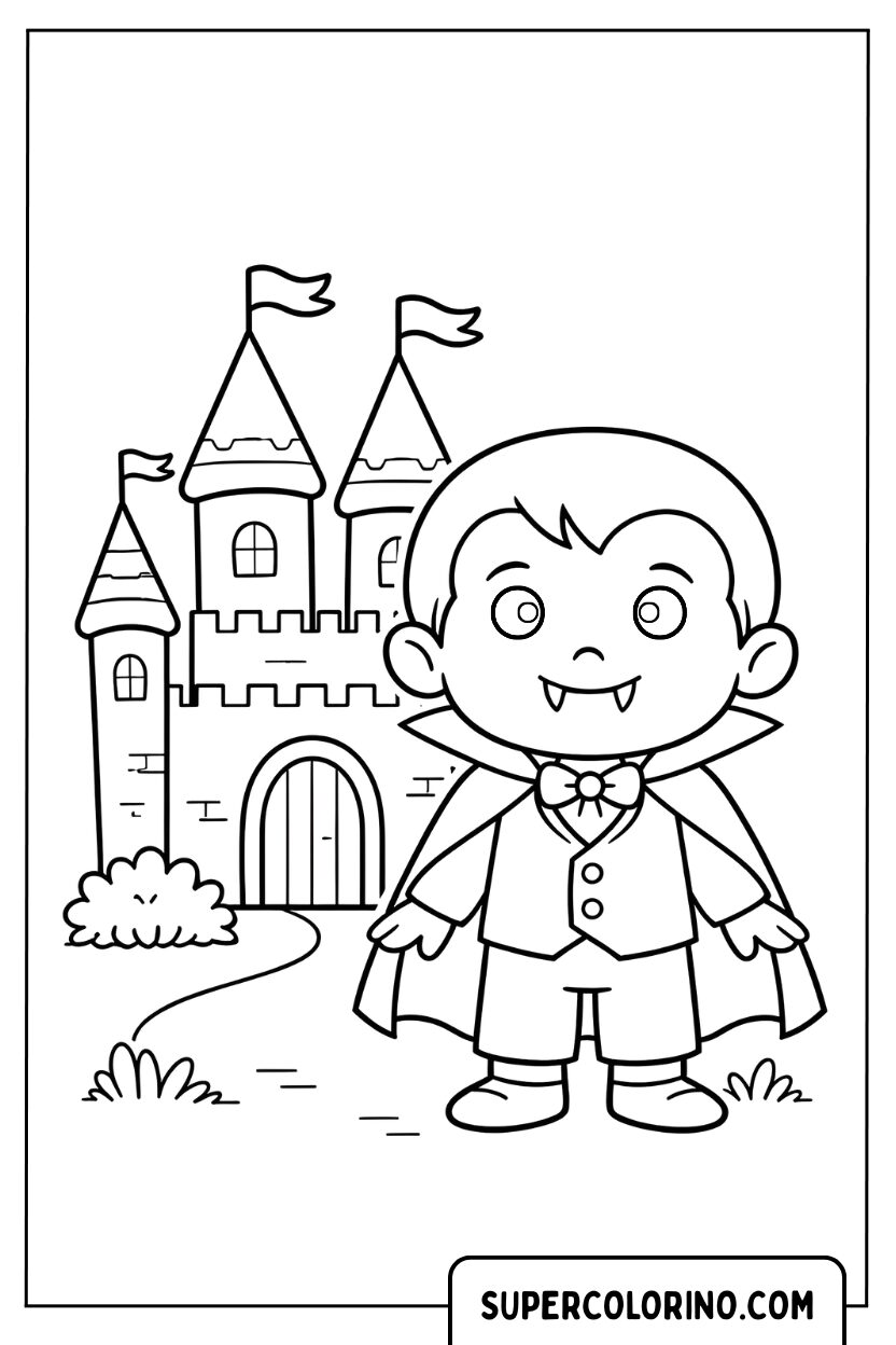 Malvorlage eines Vampirs vor seinem Schloss