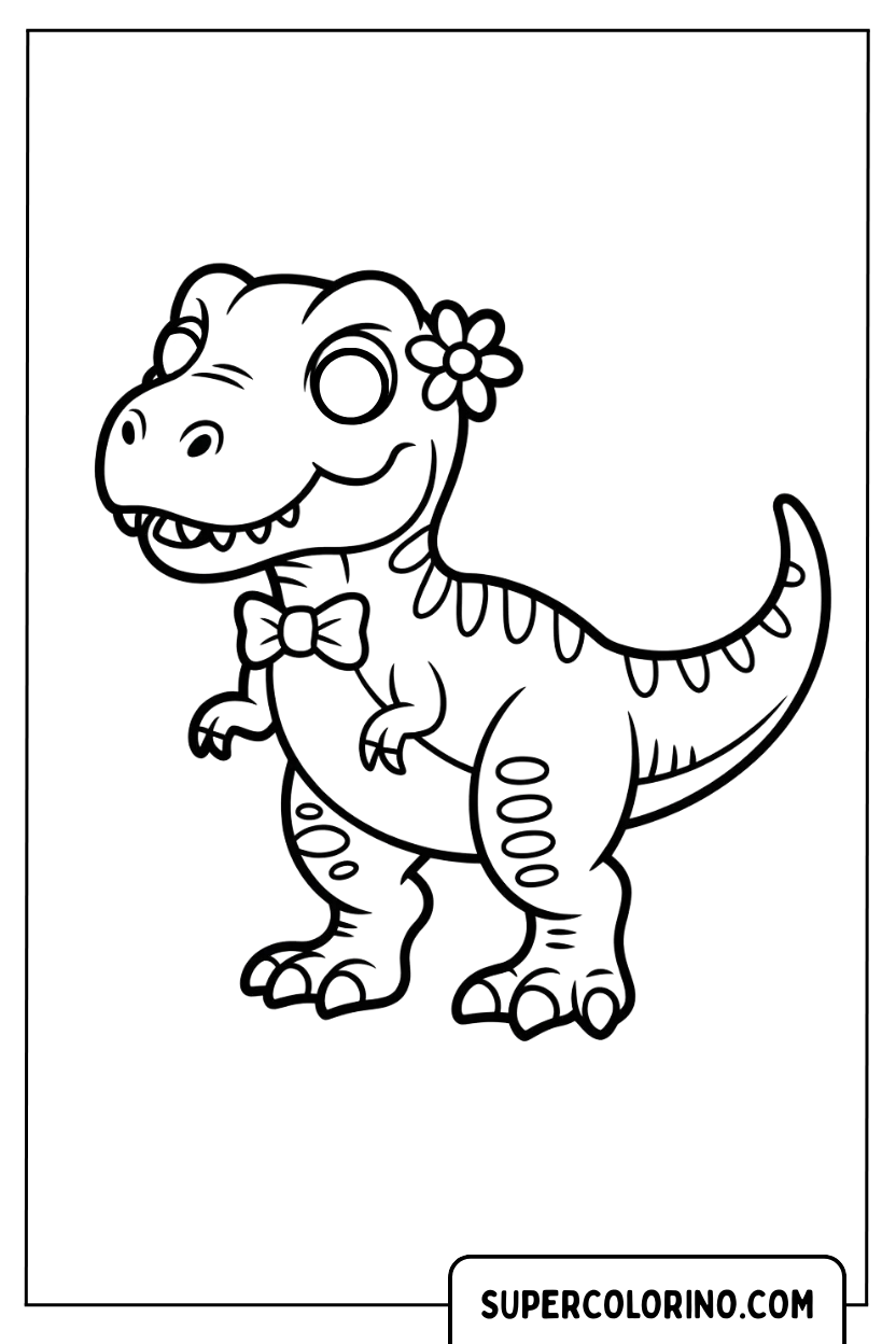 Malvorlage eines T-Rex mit Schleife und Blumen