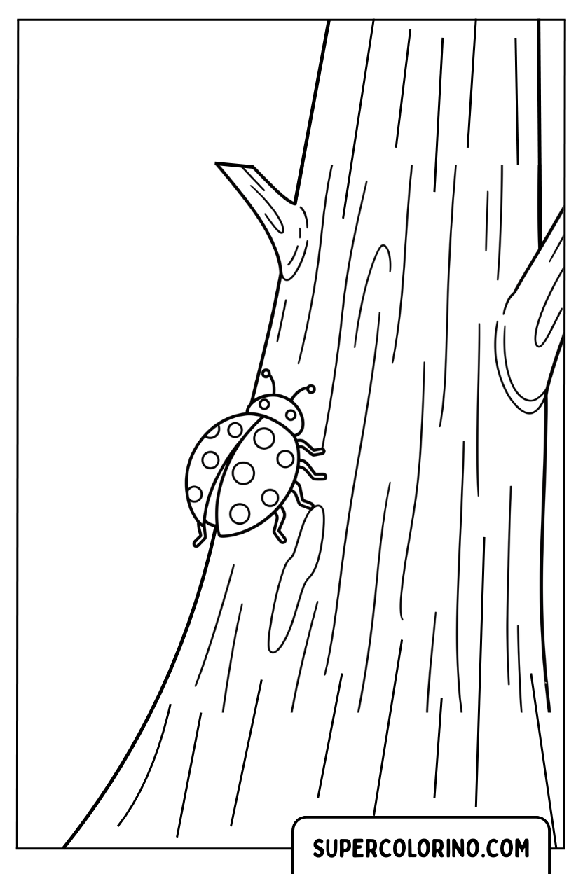 Malvorlage eines Marienkäfers auf dem Stamm eines Baumes