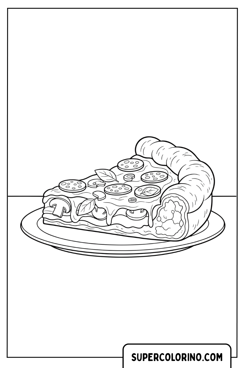 Kleurplaat van een stuk pizza op het bord