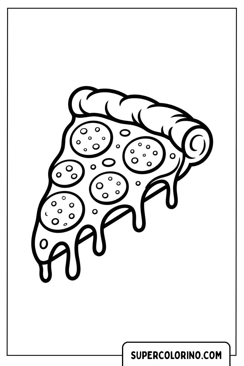 Kleurplaat van een stuk vezelige pizza