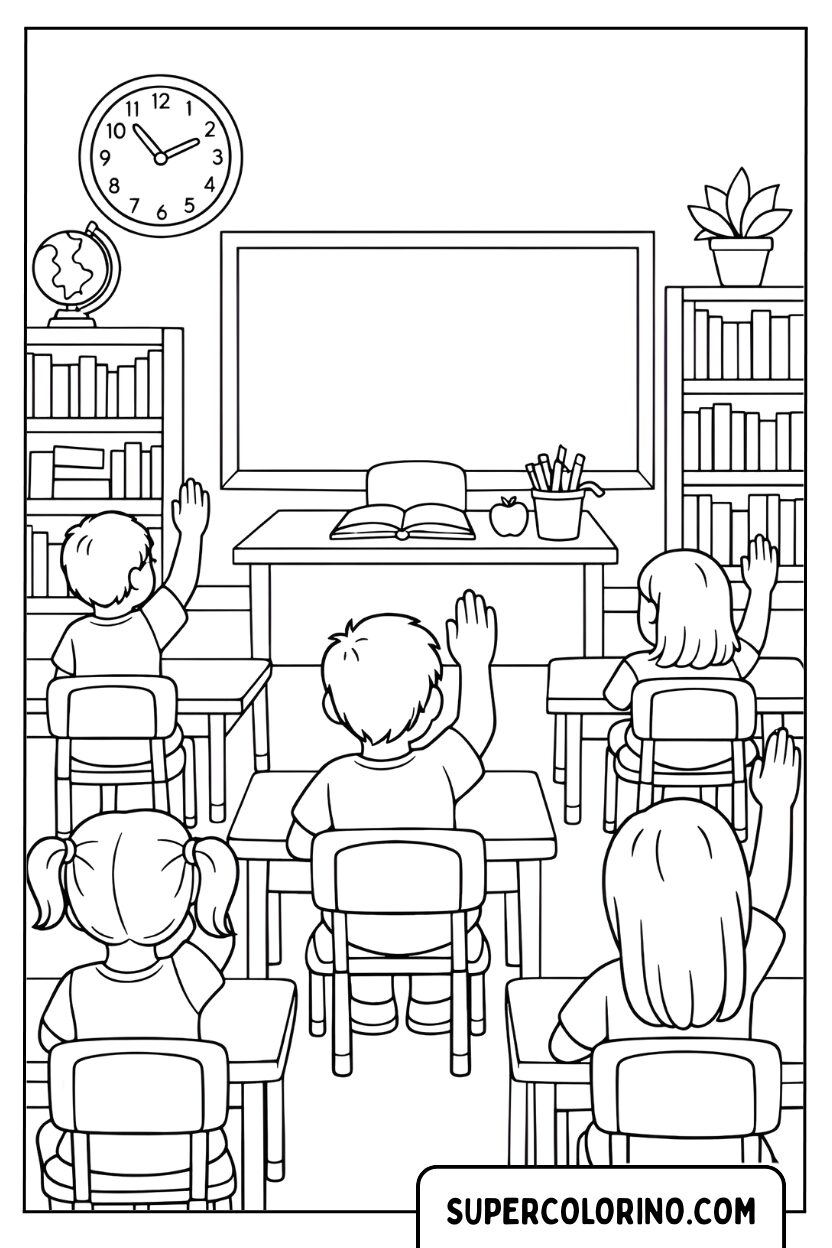 Coloriage d'une leçon en classe avec le professeur