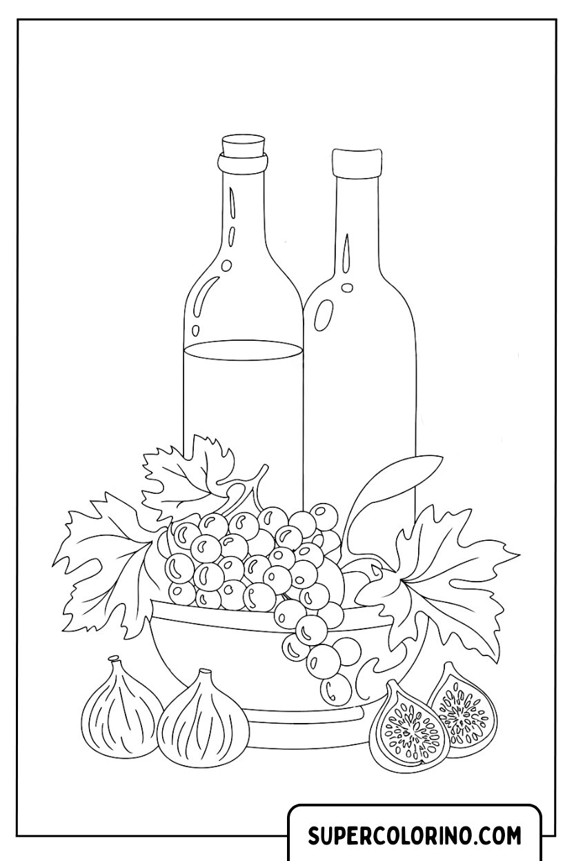 Malvorlage eines Stilllebens mit Wein und Obst für Erwachsene