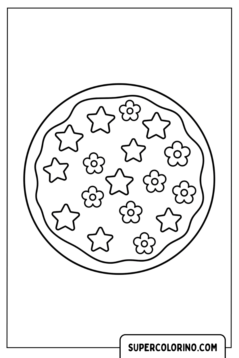 Kleurplaat van een pizza met sterren en bloemen