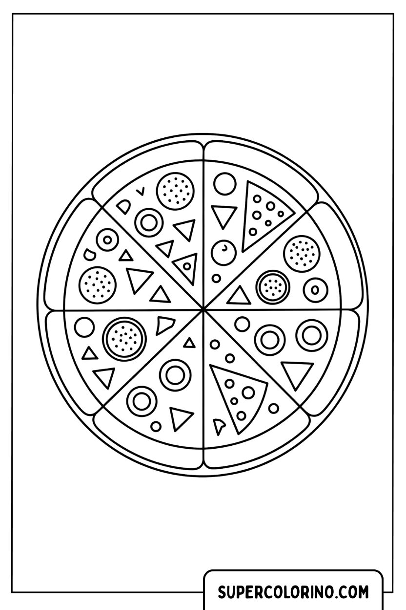 Kleurplaat van een gemengde pizza van acht plakjes