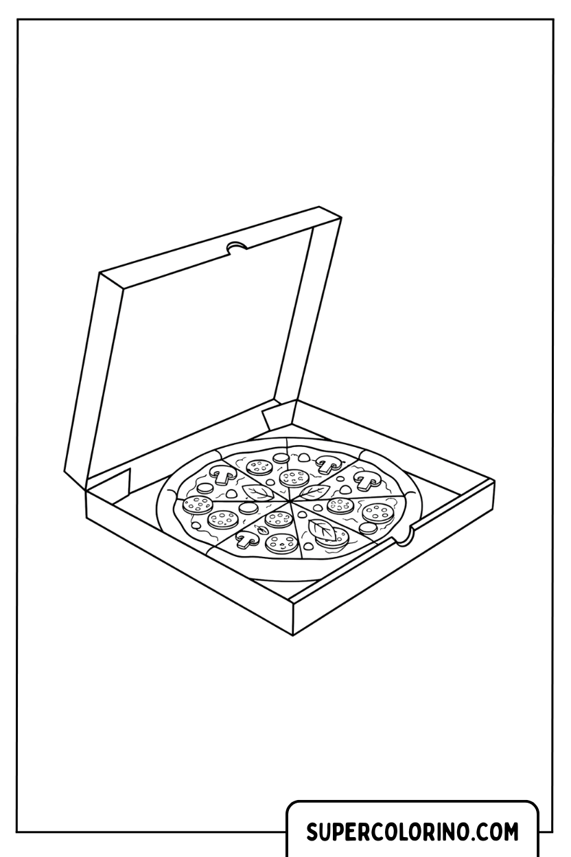 Kleurplaat van een pizza in een afhaaldoos