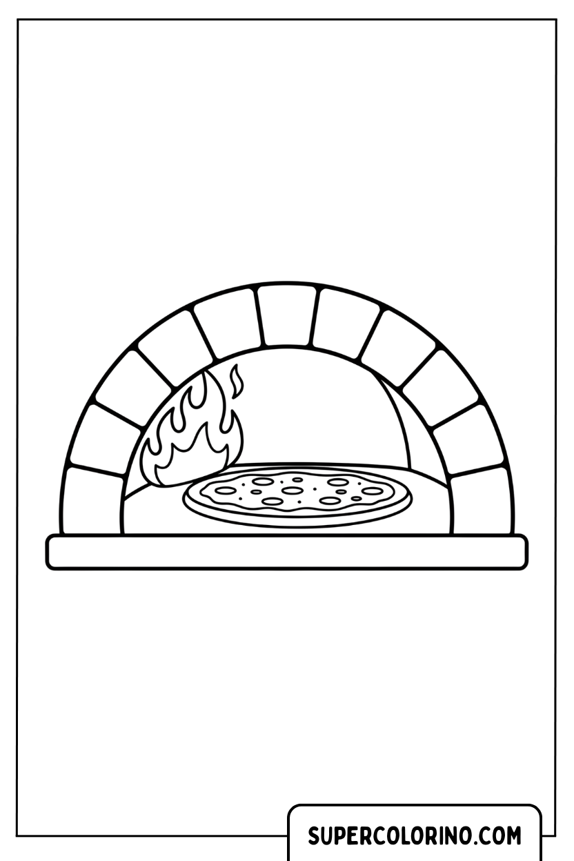 Kleurplaat van een pizza in een houtoven