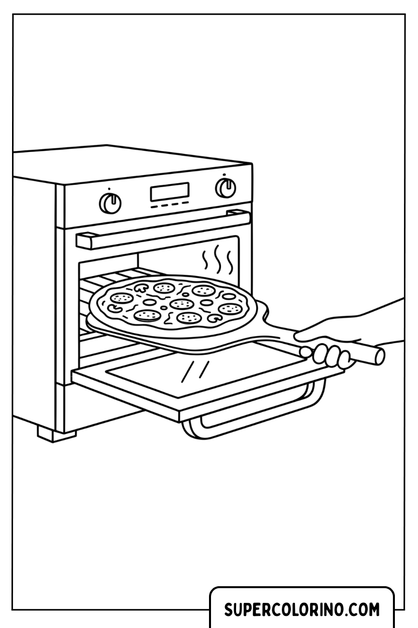 Kleurplaat van een pizza in de moderne oven