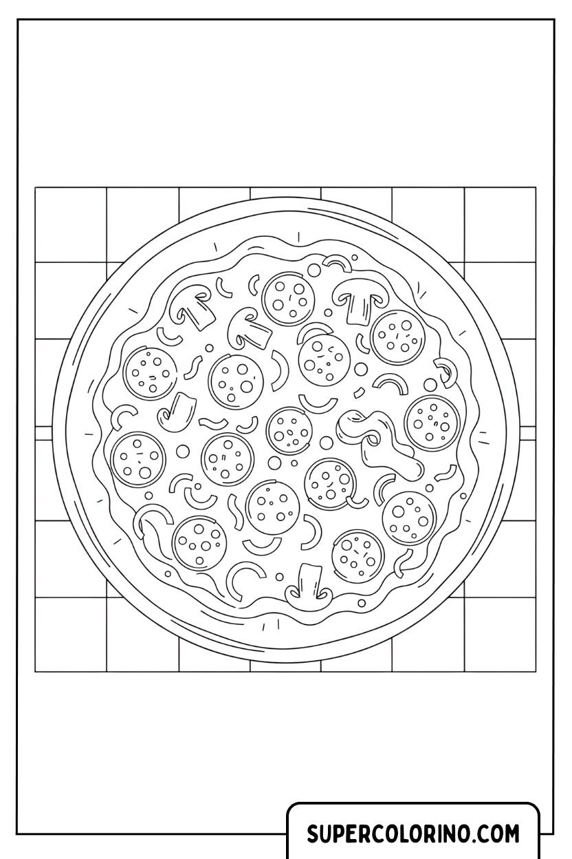 Kleurplaat van een pizza op een geruit tafelkleed