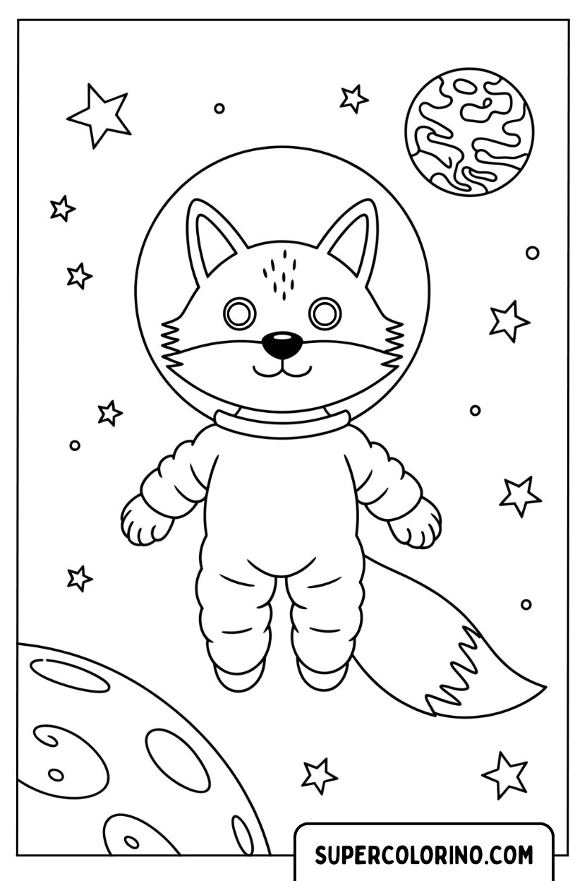 Malvorlage eines Fuchs-Astronauten im Weltraum