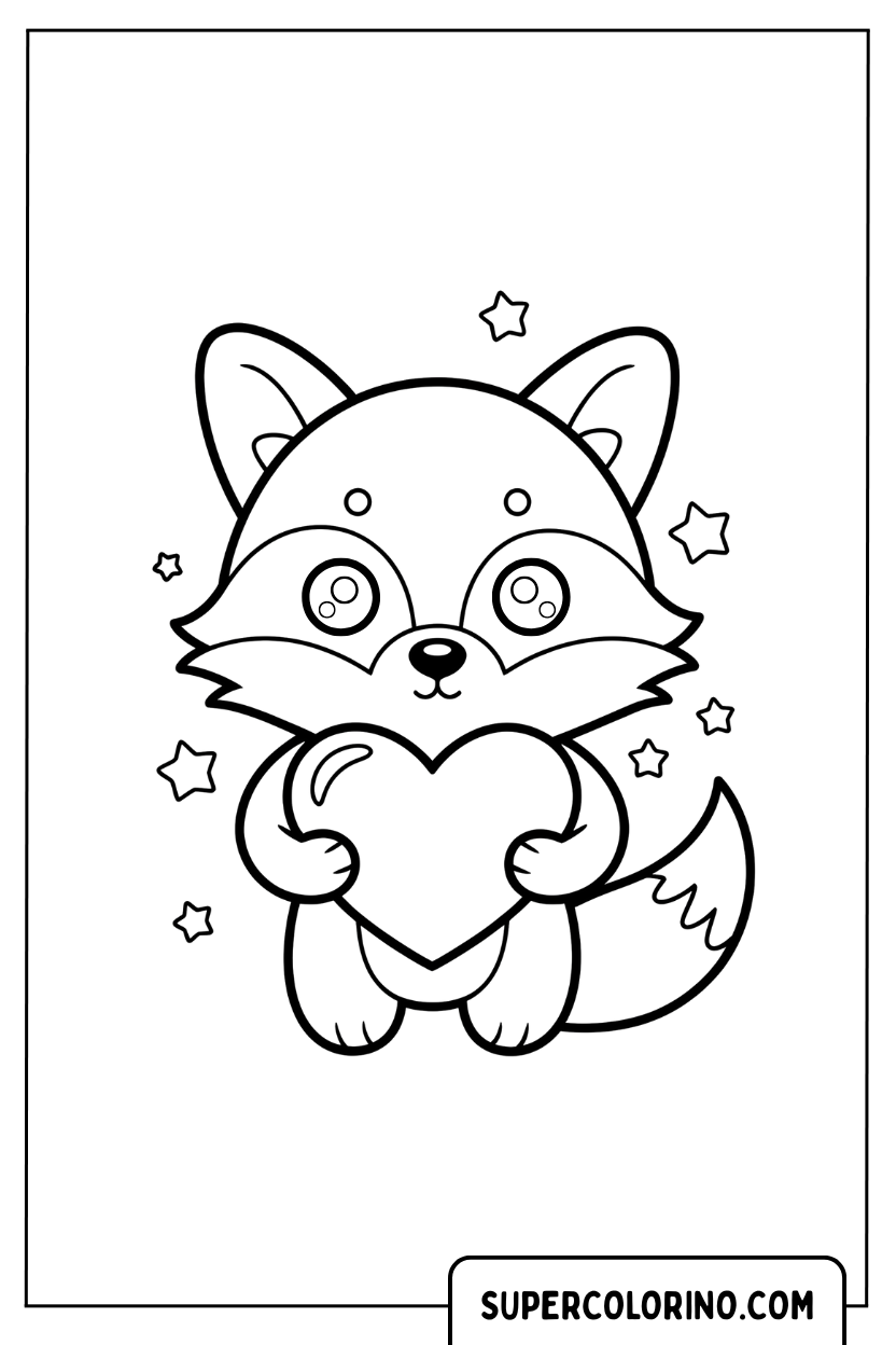 Malvorlage eines Kawaii-Fuchses, der ein großes Herz hält