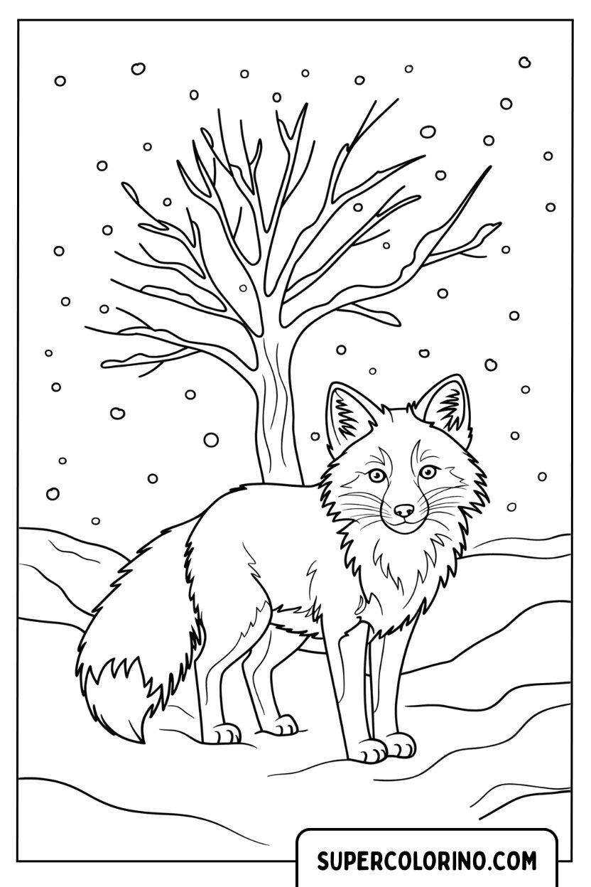 Disegno di una volpe selvatica sotto un albero spoglio da colorare