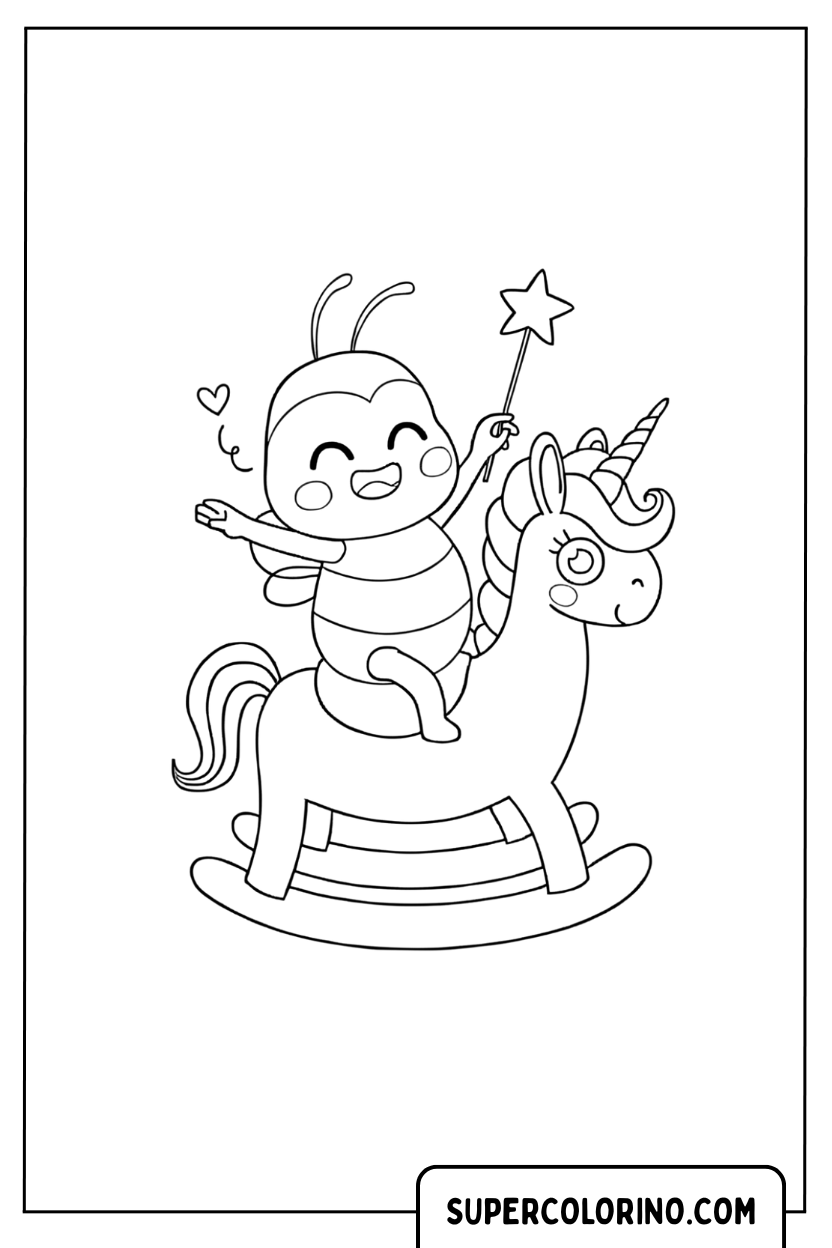 Disegno di un'ape che cavalca un unicorno a dondolo da colorare