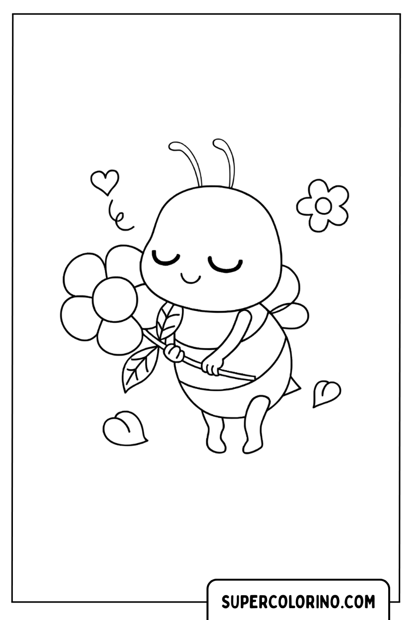 Disegno di un'ape che tiene un fiore con amore da colorare
