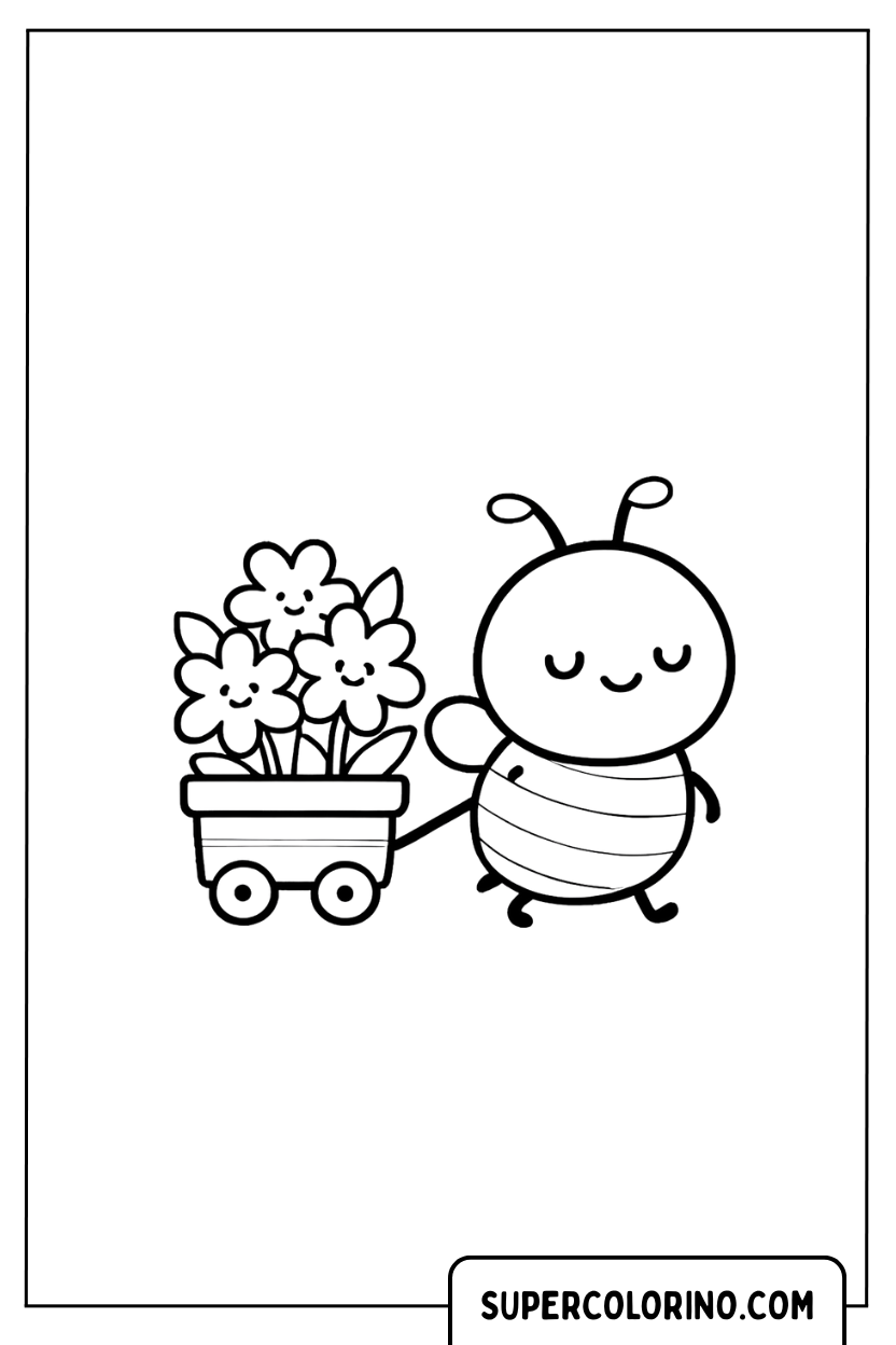 Disegno di un'ape che tira un carretto di fiori da colorare