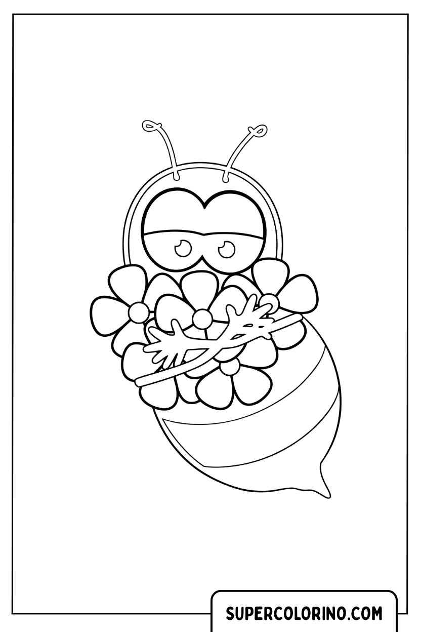 Disegno di un'ape che trasporta un mazzo di fiori da colorare