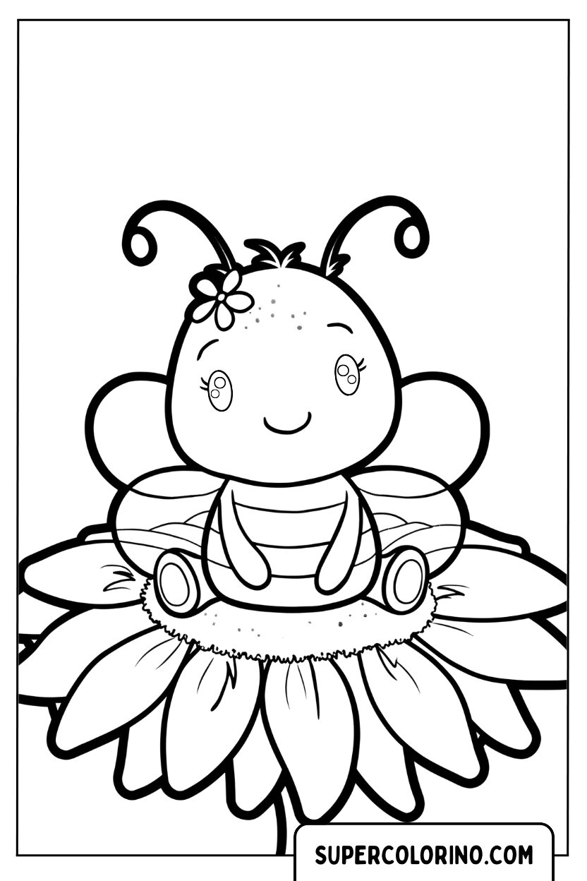 Disegno di un'ape regina seduta su un grande fiore da colorare