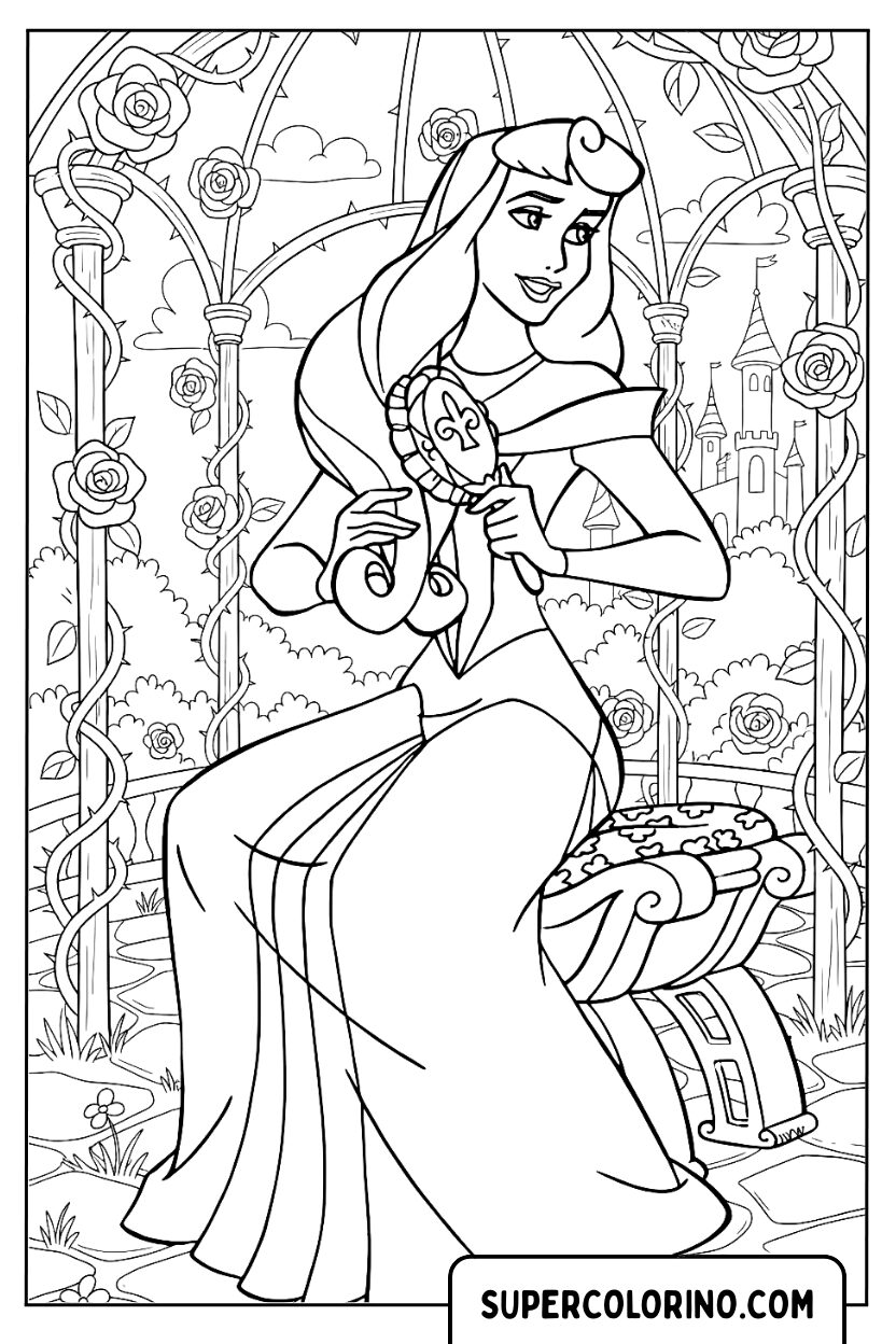 Malvorlage Prinzessin Dornröschen in einem Rosengarten