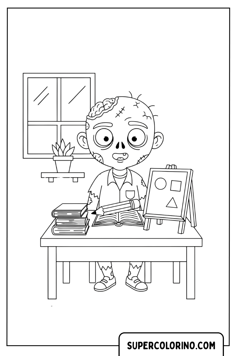 Ausmalbild: Kleiner Zombie, der in der Schule lernt