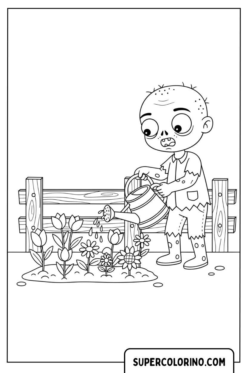 Ausmalbild: Zombie gießt die Blumen im Garten