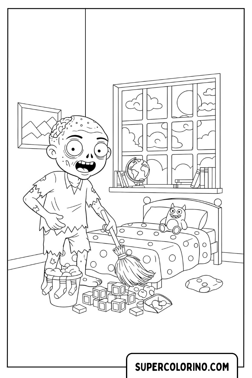Ausmalbild: Zombie putzt sein Schlafzimmer