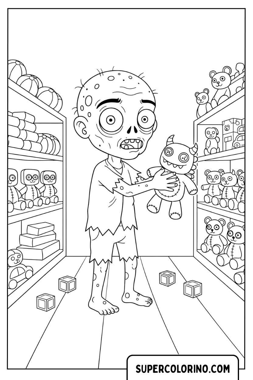 Ausmalbild: Zombie in einem Spielzeugladen