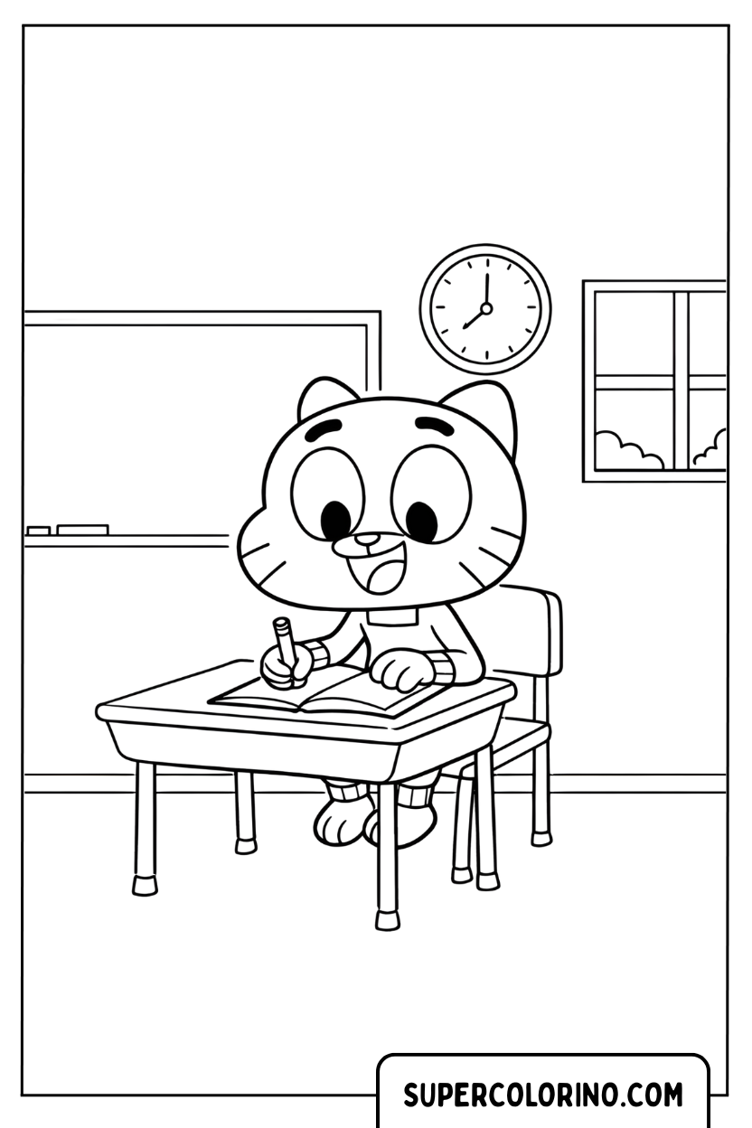 Malvorlage von Gumball beim Lernen im Unterricht