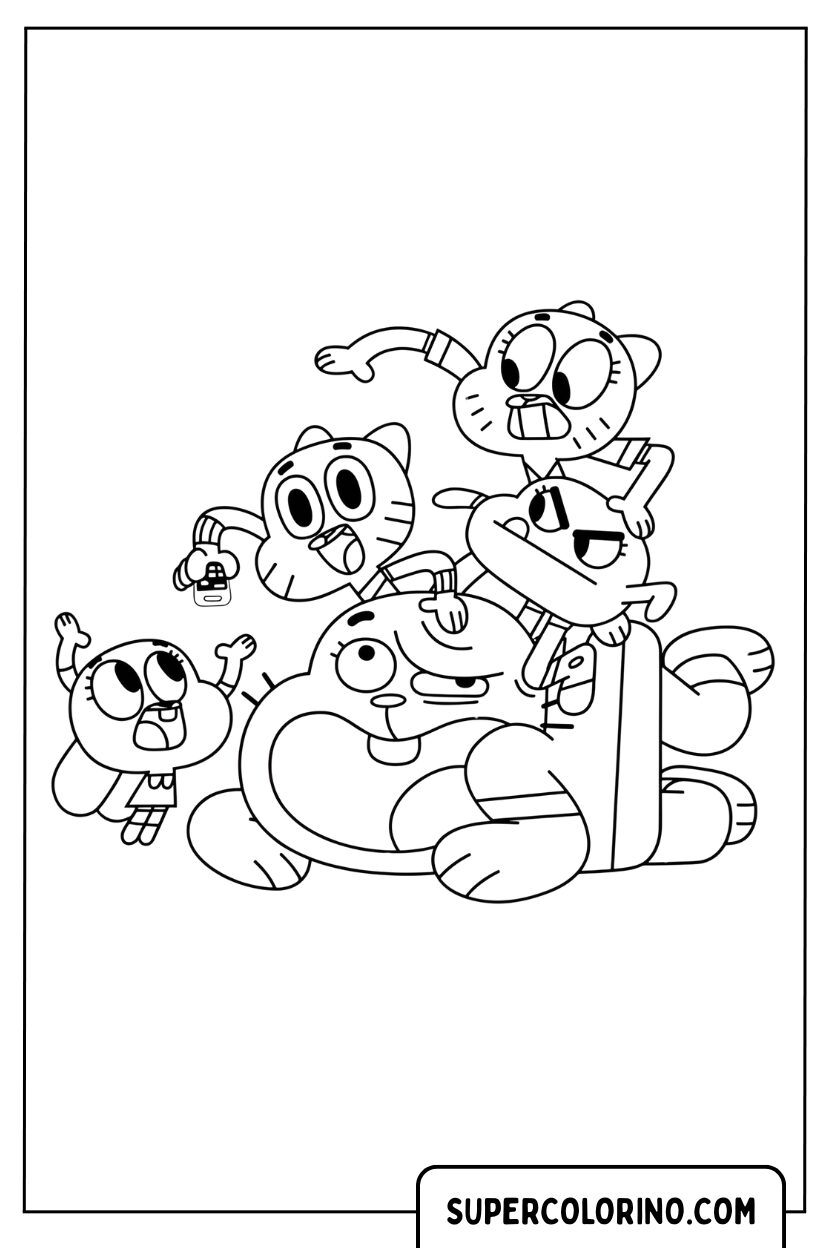 Malvorlage von Gumball und seinen Freunden beim Spielen