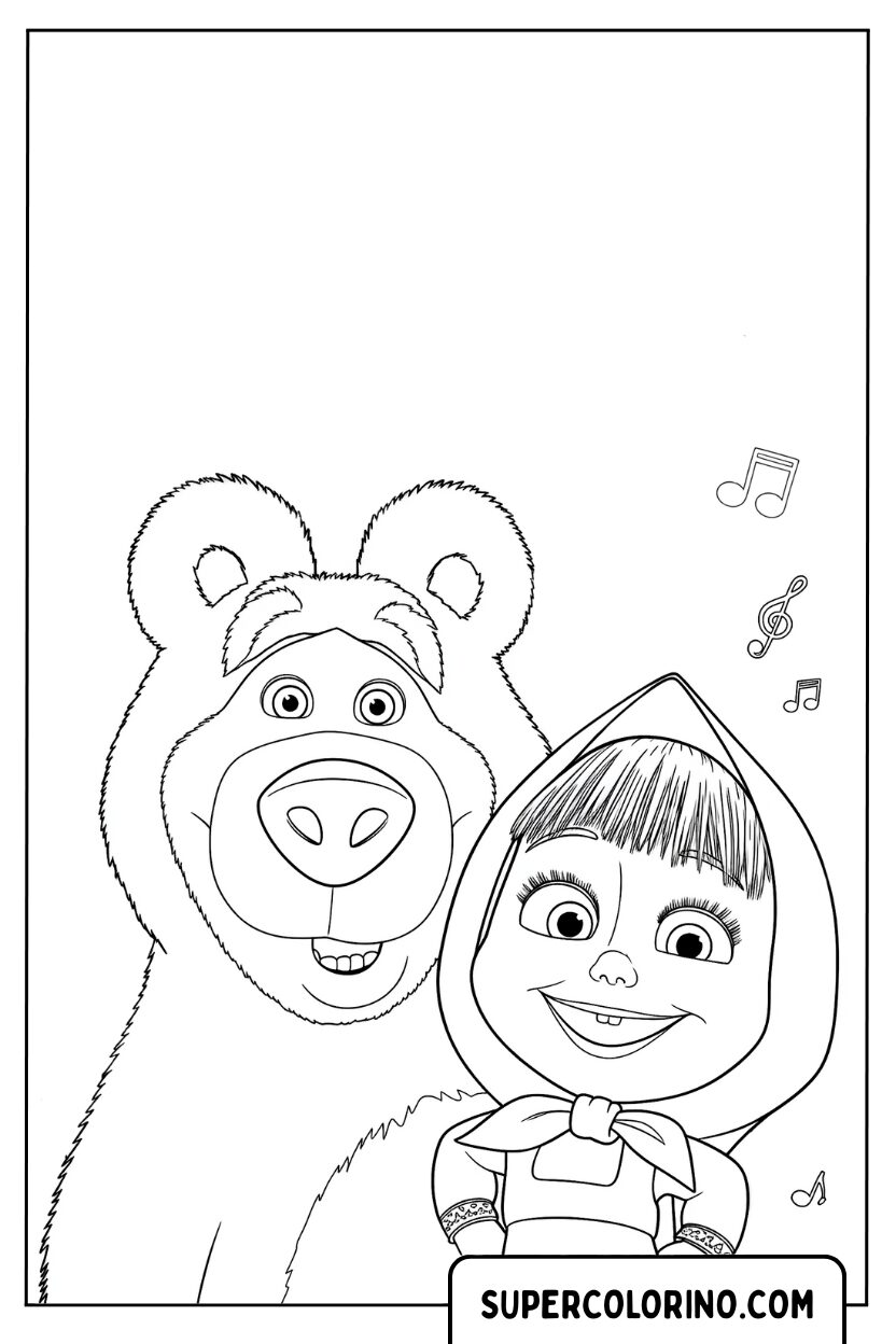 Coloriage de Masha et l'ours souriant ensemble