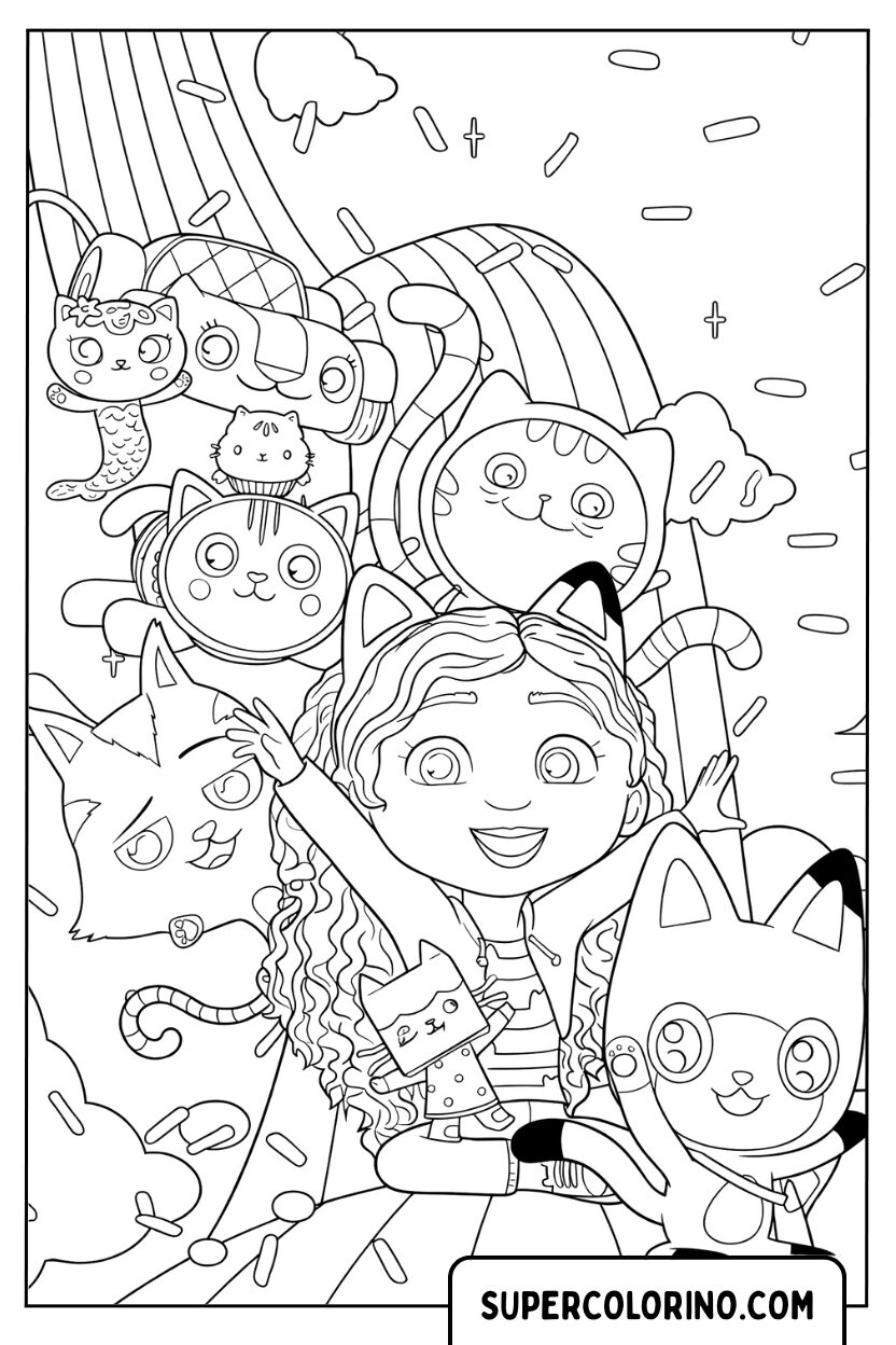 Coloriages Gabby et les chats sous l'arc-en-ciel