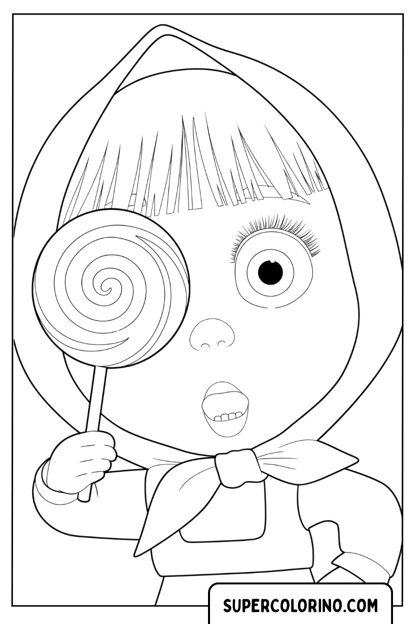 Dessin en gros plan de Masha avec une sucette à colorier
