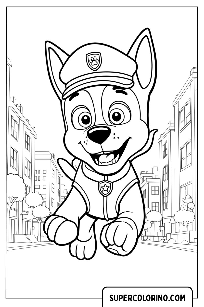 Coloriage de Chase courant joyeusement dans la rue