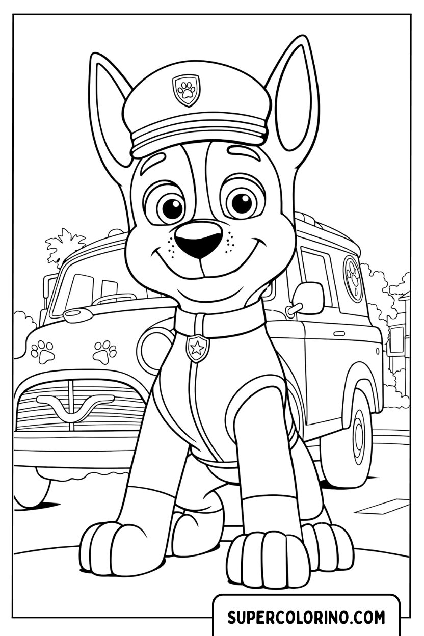 Coloriage Chase devant sa voiture de police
