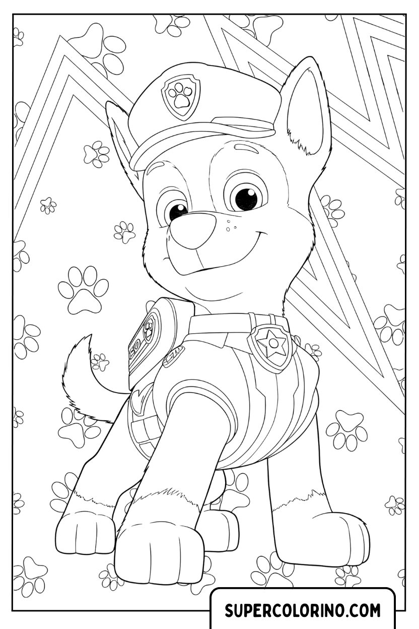 Coloriage Chase de la Pat' Patrouille parmi les empreintes de pas
