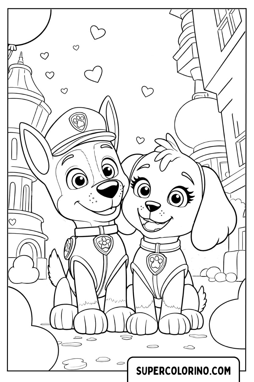Coloriage Chase et Skye parmi les coeurs
