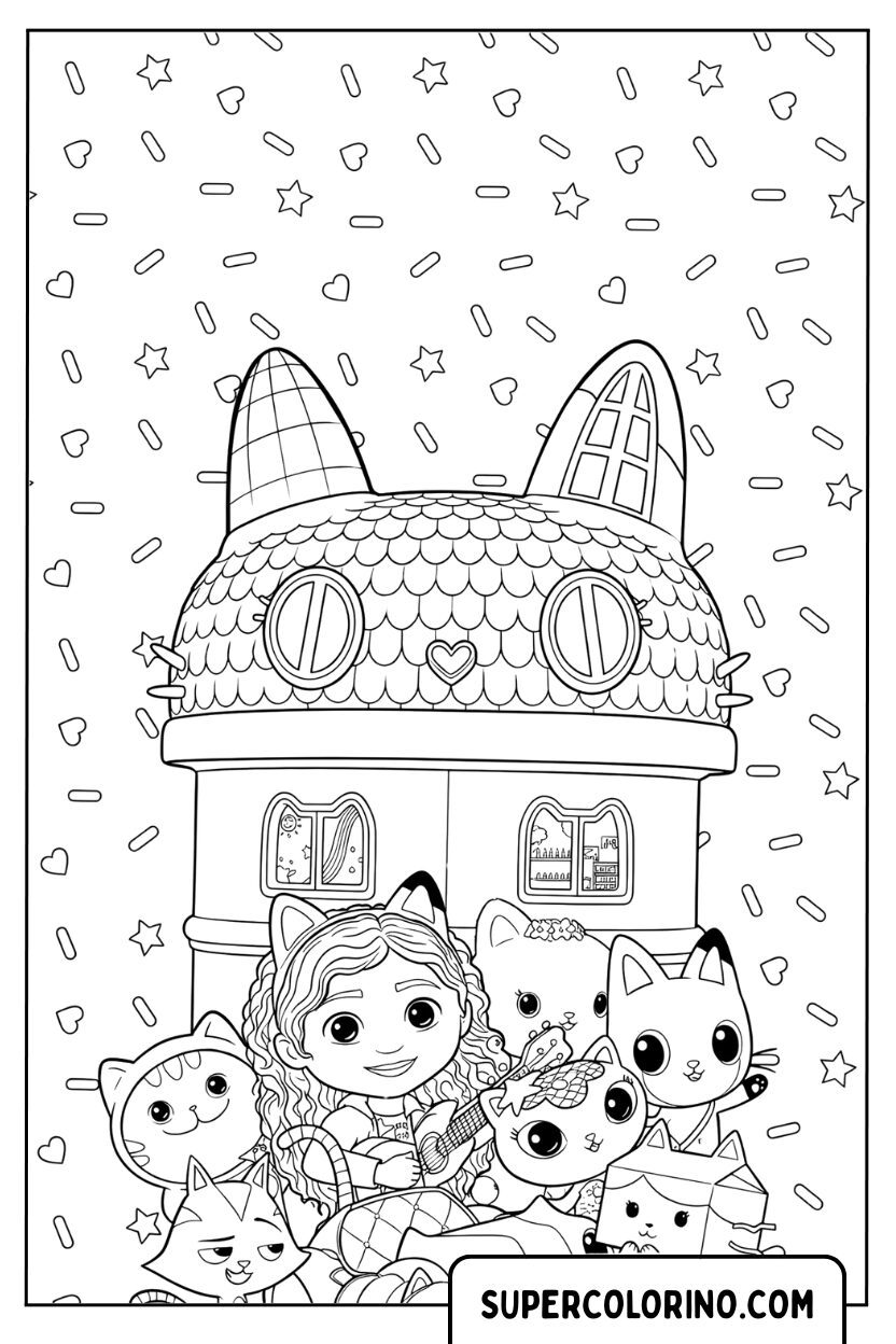 Coloriage Gabby et ses amis devant la maison